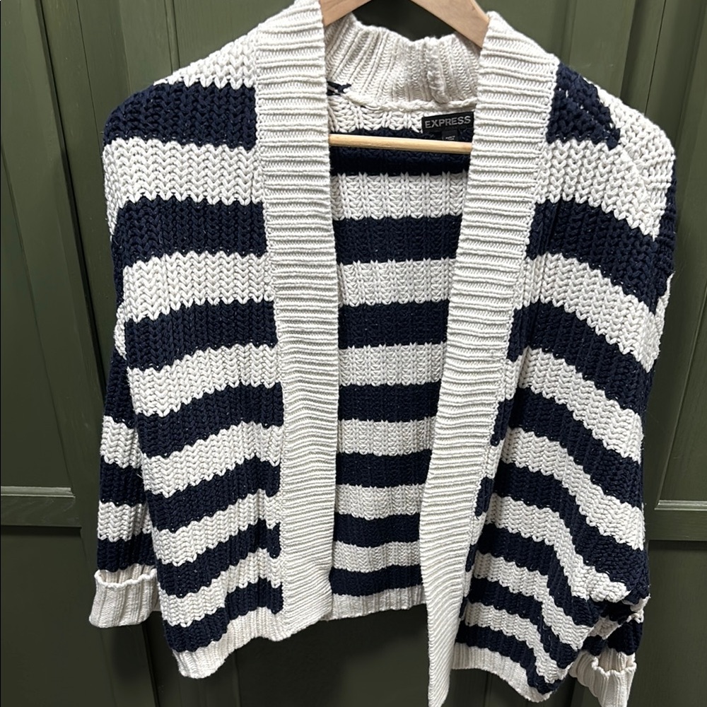 Express Blue and White Striped Cardigan Sweater